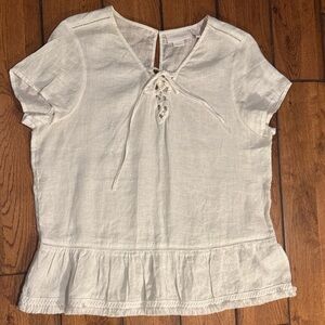 White Lace-Up Peplum Short Sleeve Top - Casual Lightweight